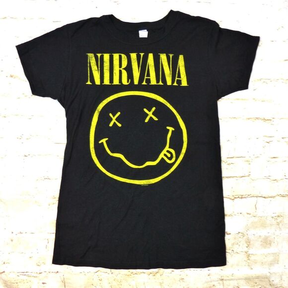 Y2K Nirvana Smiley Face T-Shirt Womens L Black 2013 Grunge Nevermind Tultex VTG - Picture 1 of 9